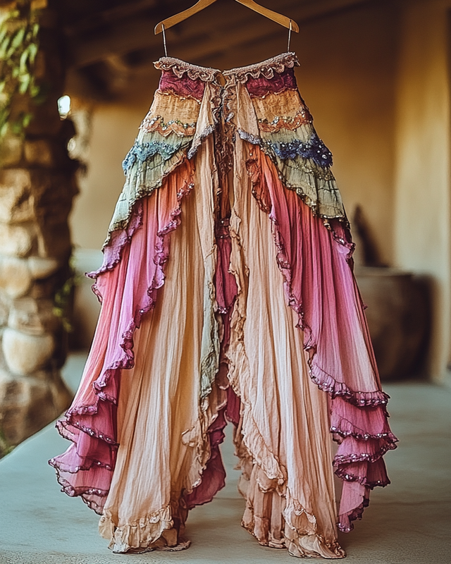 Summer Holiday Ruffle Color Gradient Splicing Linen Pants 76a1