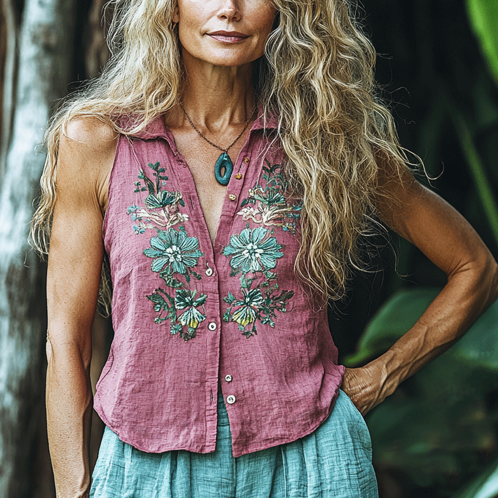 Women's Vintage Bohemia Linen Style Flower Print Sleeveless Vest Top Shirt