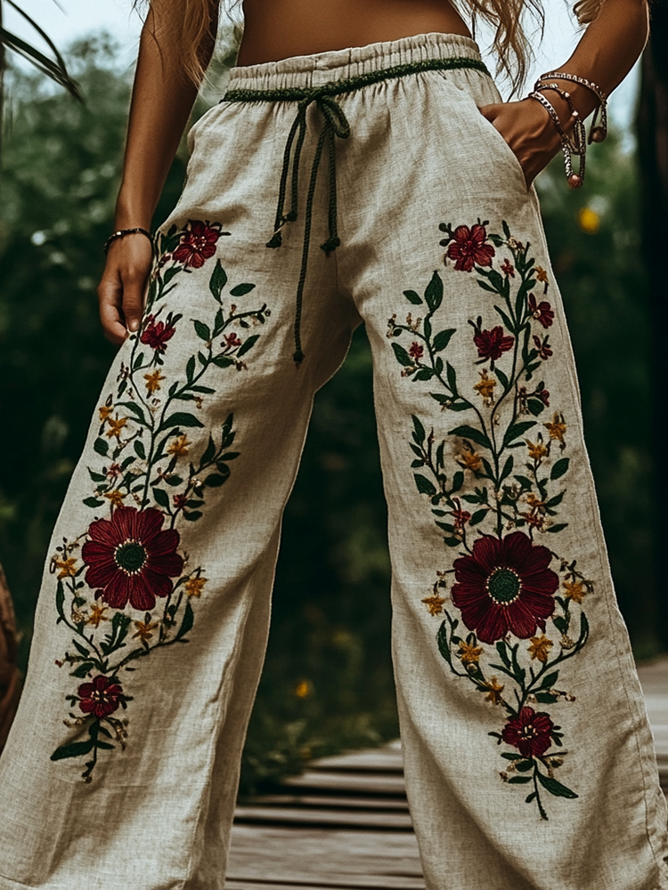 Women's Bohemian Floral Embroidered Casual Pants 3e38
