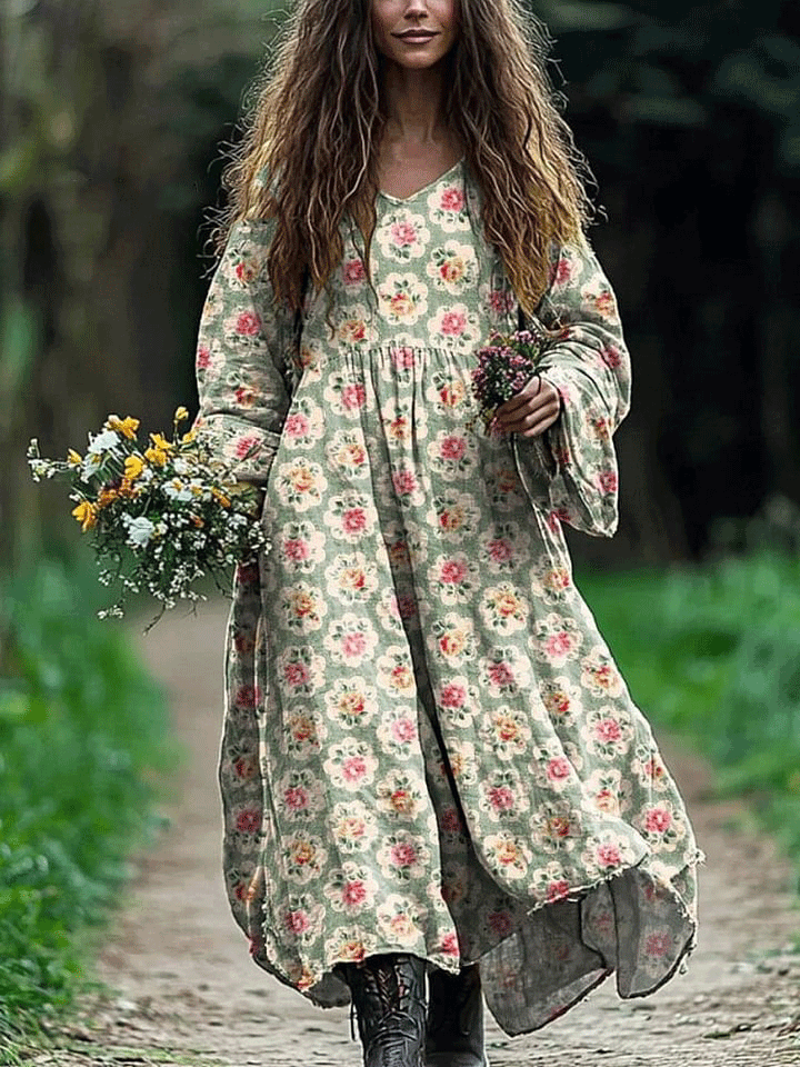 Women's Vintage Lovely Floral Art Print Pocket Cotton Dress