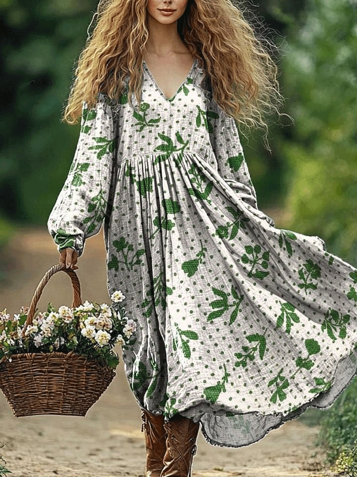 Women's Vintage Lovely Floral Art Print Pocket Cotton Dress