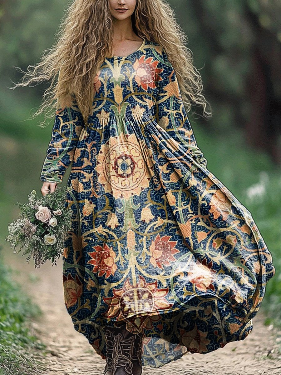 Women's Vintage Bohemian Floral Print Crew Neck Pocket Cotton Dress