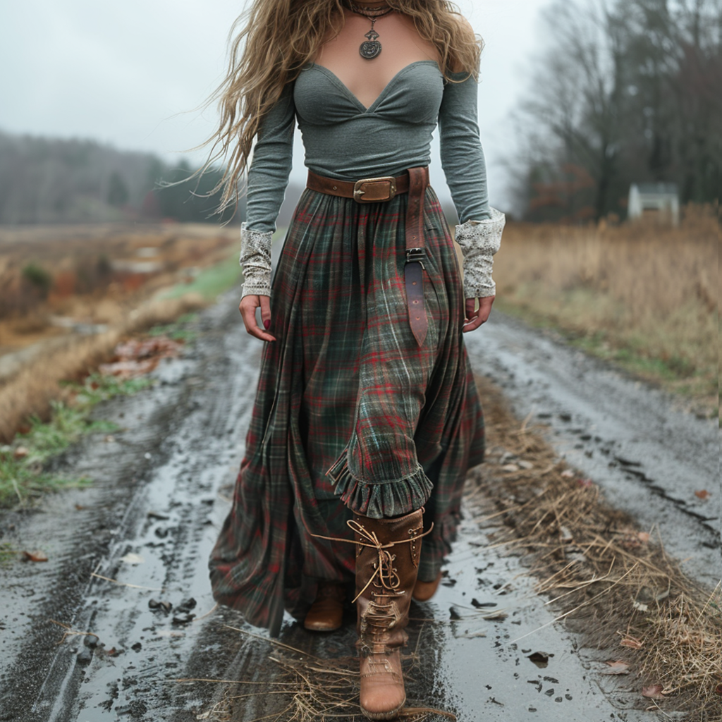 Women's Retro Plaid V-neck Long-sleeve Long Skirt Pastoral Style Maxi Long Dress