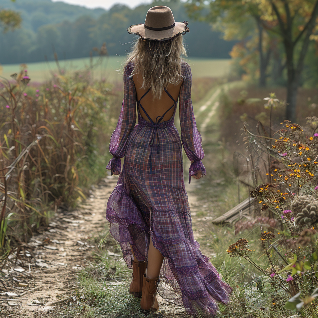 Women's Retro Pastoral Style Lace Long-sleeve Sexy Maxi Long Dress