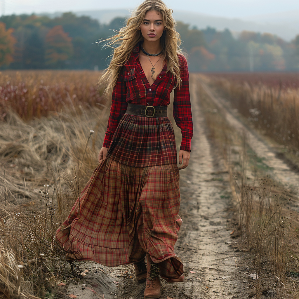 Women's Retro V-neck Plaid Long-sleeve Bohemian Pastoral Style Maxi Long Dress