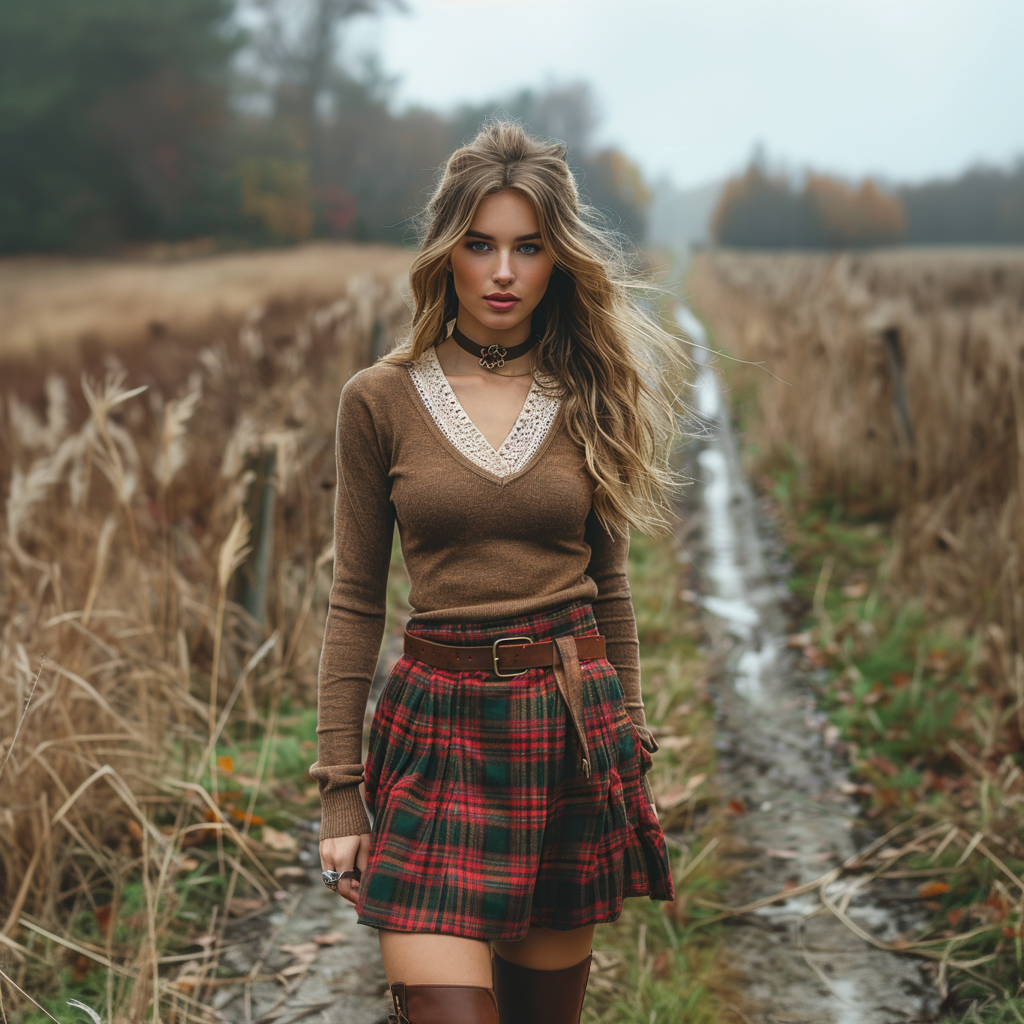 Women's Autumn And Winter Long-sleeve Dress Short Skirt Christmas Plaid Skirt