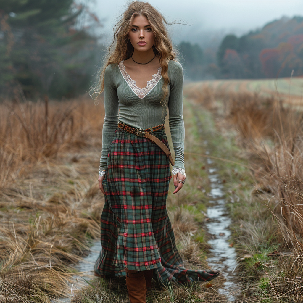 Women's Retro Plaid V-neck Long-sleeve Long Skirt Pastoral Style Maxi Long Dress