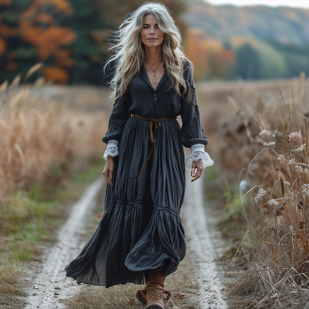 Women's Vintage V-neck Linen Long-sleeve Maxi Long Dress