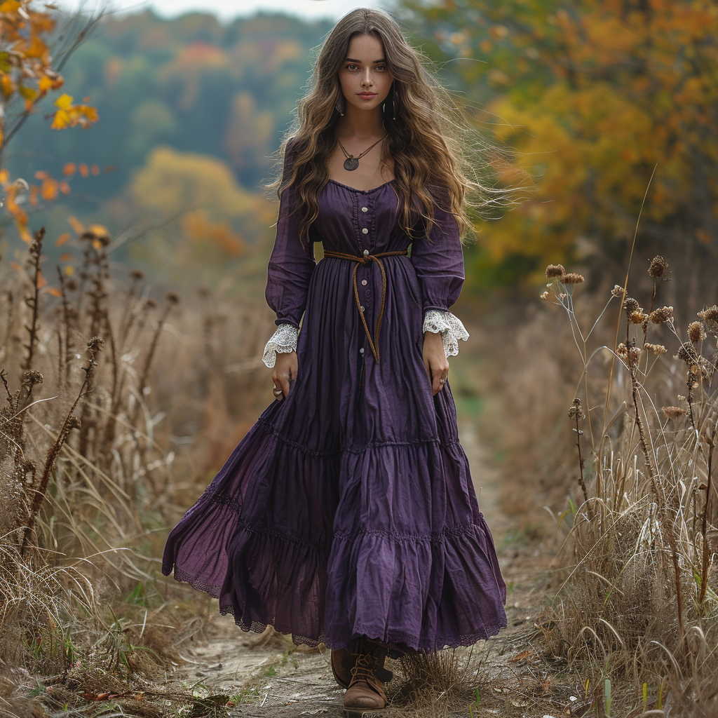 Women's Vintage V-neck Linen Long-sleeve Maxi Long Dress