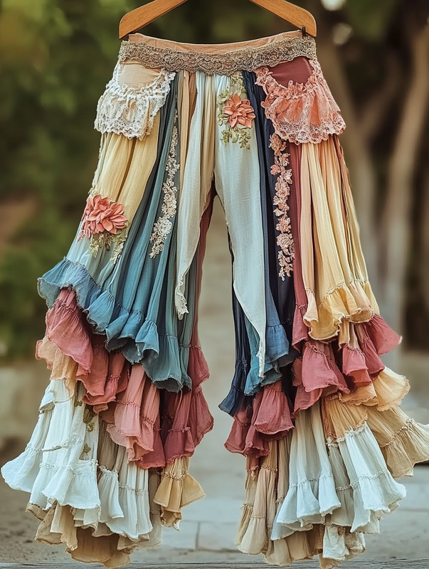 Summer rainbow lace hand-embroidered patchwork pants 87e3