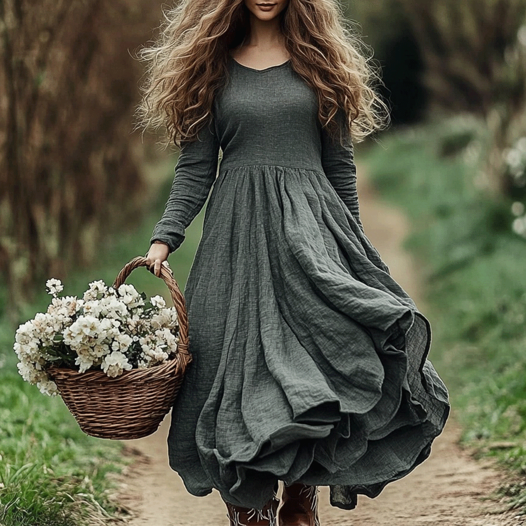 Women's Linen Bohemian Style Solid Casual Simple Long-sleeve Maxi Long Dress