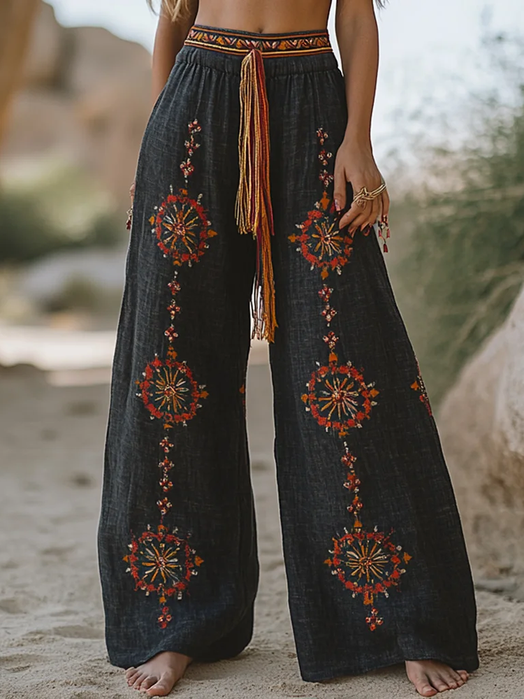 Vintage Bohemian Casual Holiday Style Linen Long Loose Wide-leg Pants 94f9