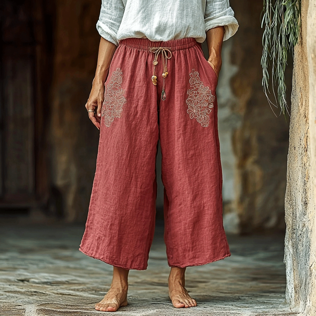 Women's Linen Bohemian Cropped Wide-leg Casual Cropped Trouser Pants