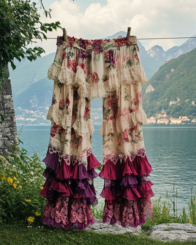 Summer ruffled cotton and linen patchwork contrast color pants 4630