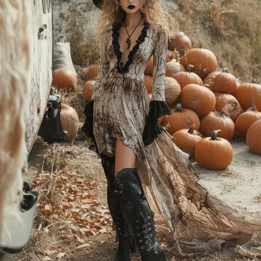 Women's Halloween Witch Style Tie-dye Long-sleeve Mini Short Dress