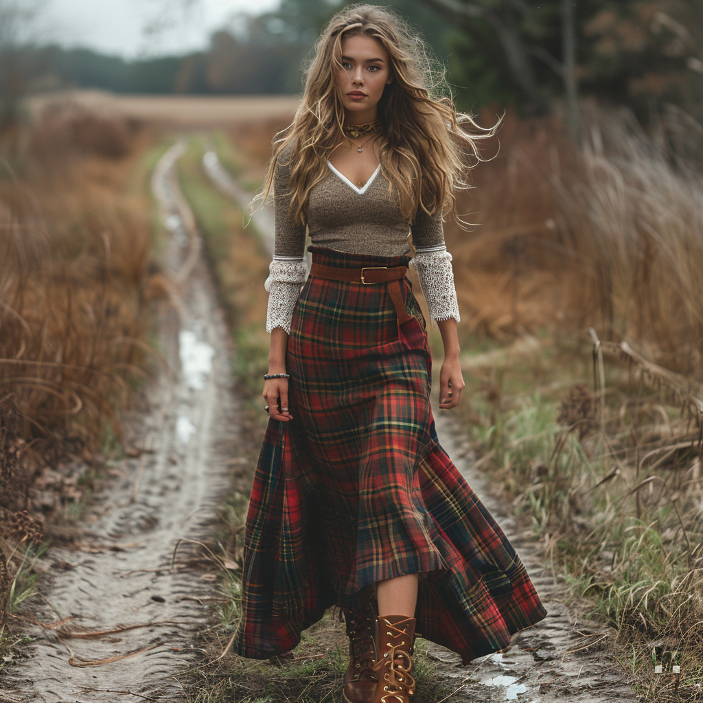 Women's Retro Plaid V-neck Long-sleeve Long Skirt Pastoral Style Maxi Long Dress