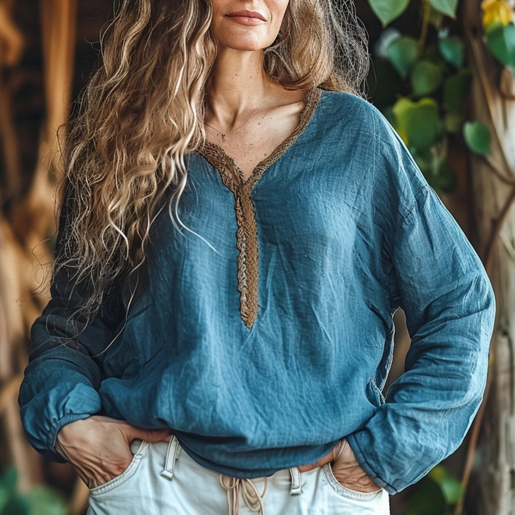 Women's Bohemian Linen V-neck Simple Casual Loose Long-sleeve Top Shirt