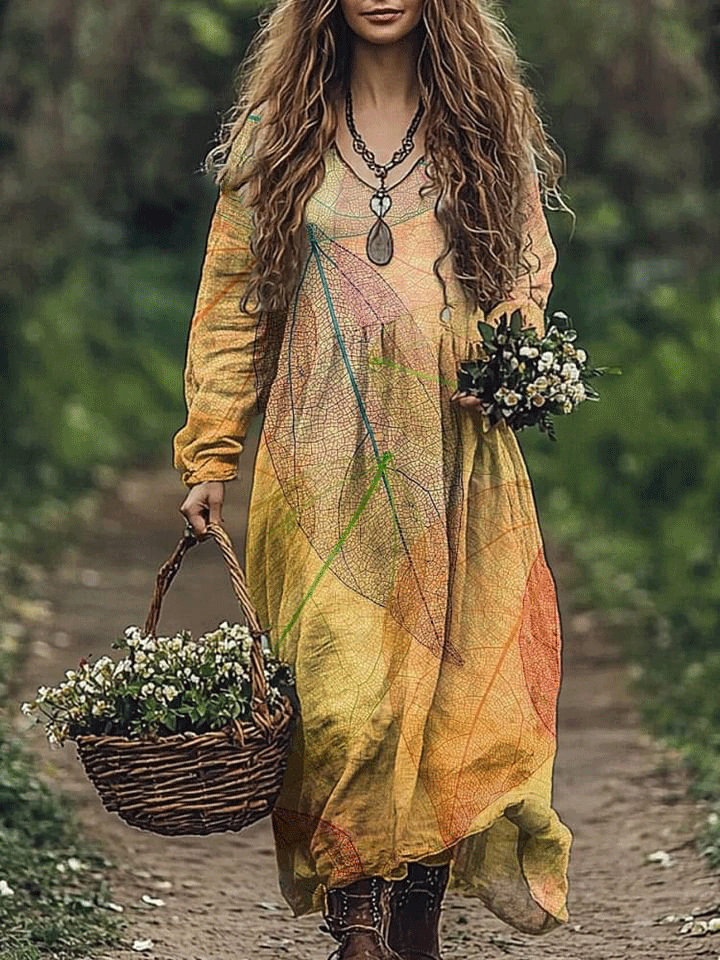 Women's Retro Leaves Art Print Pocket Cotton Dress