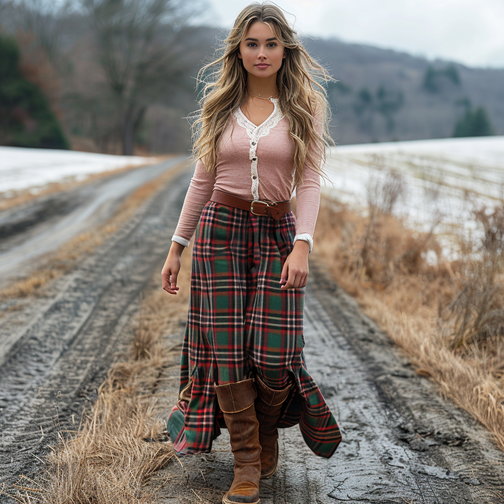 Women's Retro Plaid V-neck Long-sleeve Long Skirt Pastoral Style Maxi Long Dress