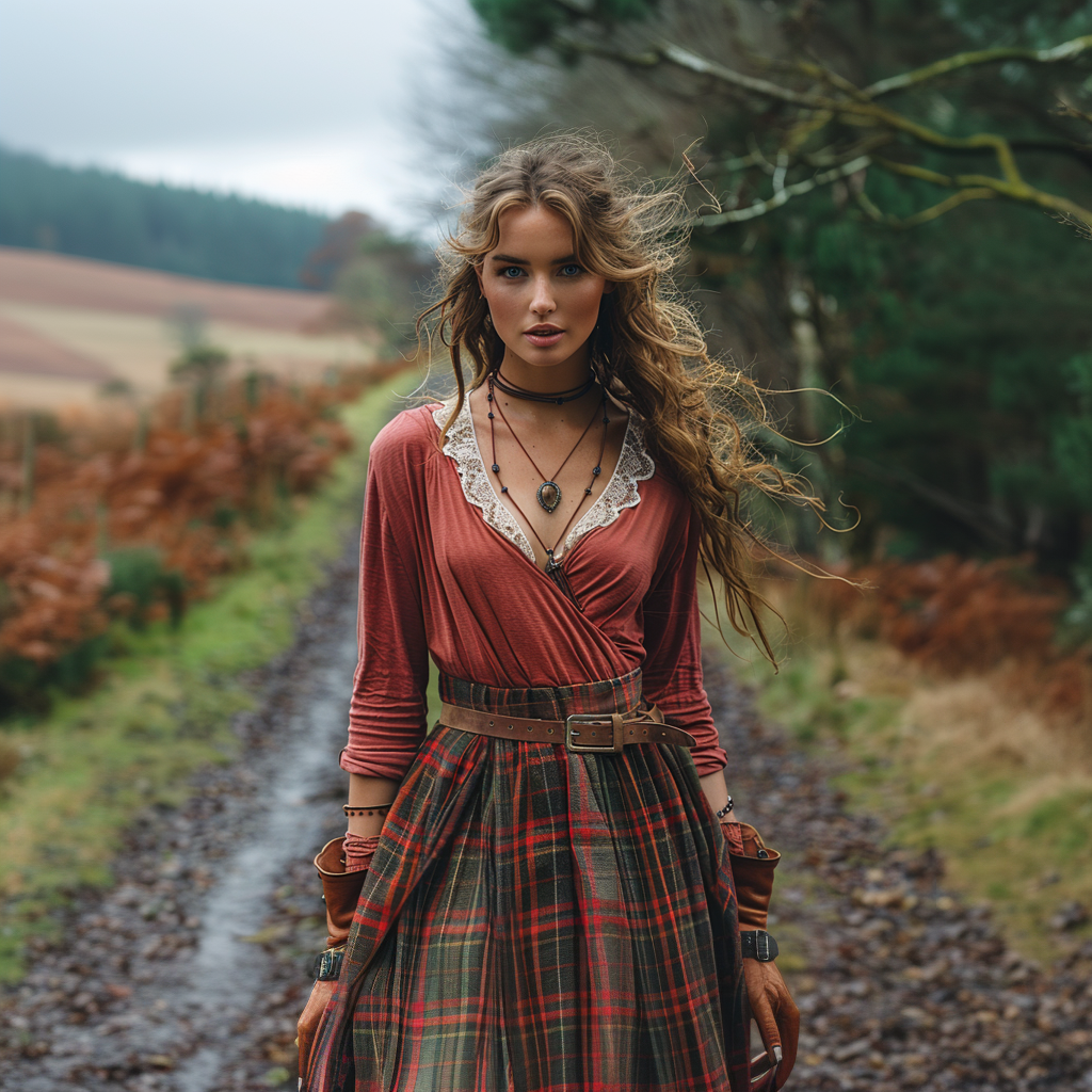 Women's Retro Plaid V-neck Long-sleeve Long Skirt Pastoral Style Maxi Long Dress