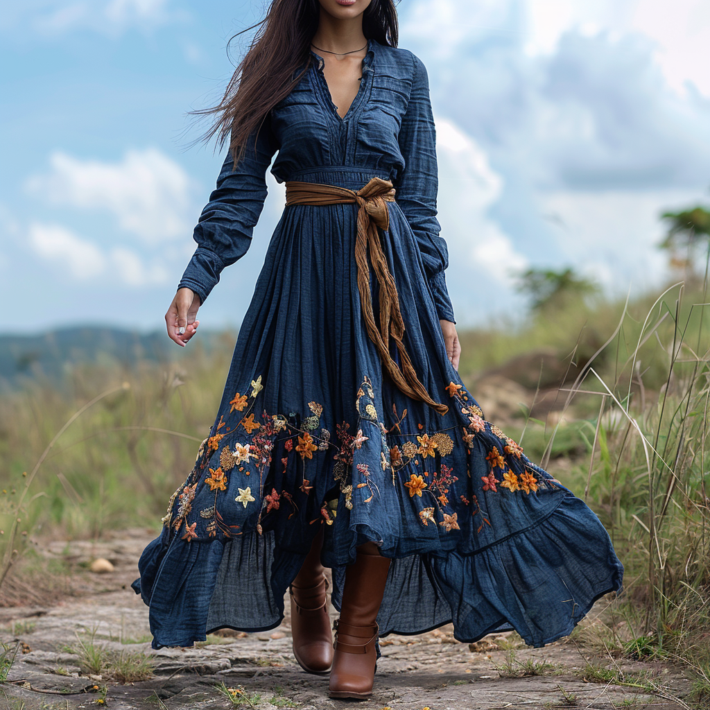 Women's Vintage V-neck Floral Bohemian Pastoral Style Long-sleeved Maxi Long Dress