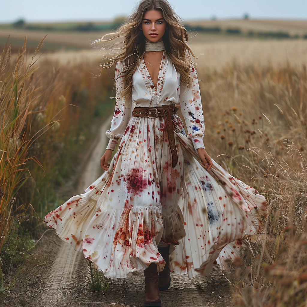 Women's Retro V-neck Linen Pastoral Halloween Style Long-sleeve Maxi Long Dress