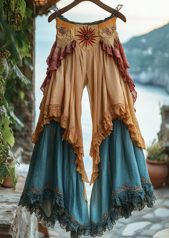 Summer ruffled cotton and linen patchwork contrast color pants aa24