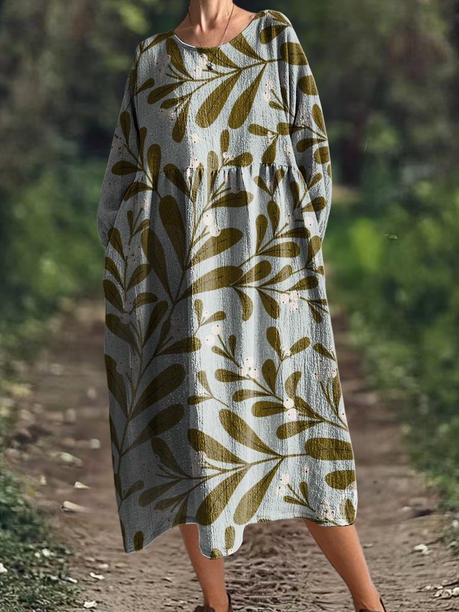 Women's Linen Loose Leaf Print Midi Dress Long Sleeve Pocket Dress