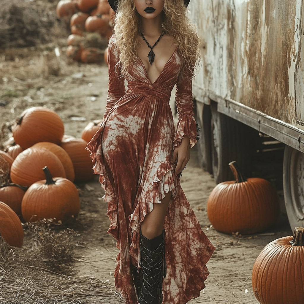 Women's Halloween Witch Style Tie-dye Long-sleeve Maxi Long Dress