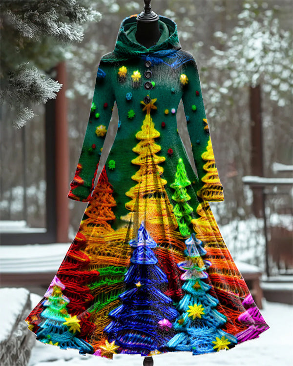 Colorful Christmas Tree Print Long Sleeve Maxi Holiday Two-Piece Dress
