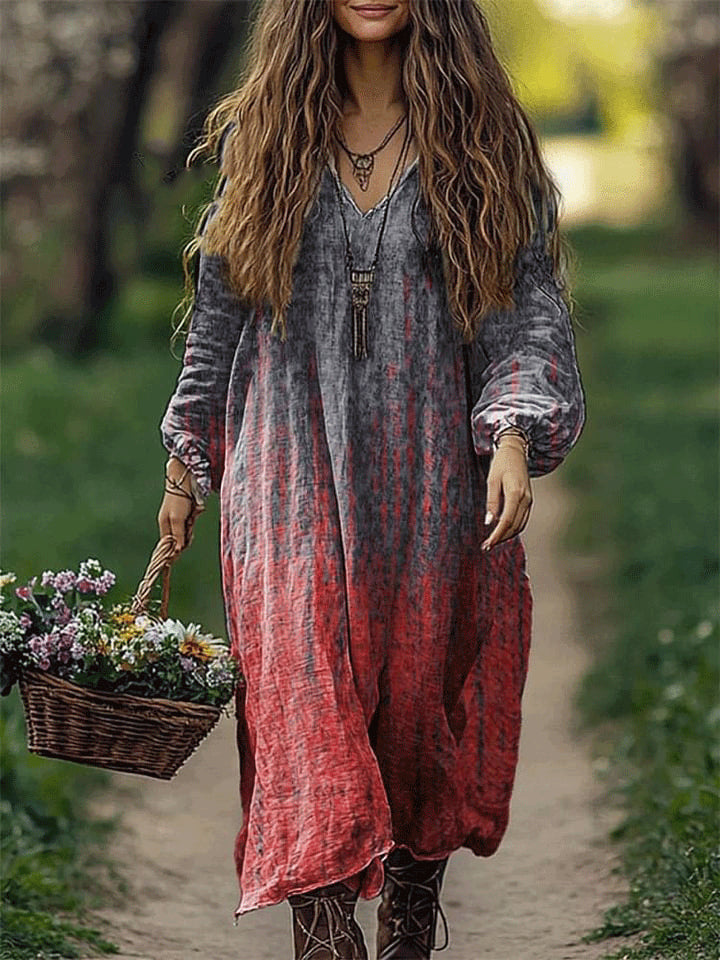 Women's Vintage Folk Pattern Print Loose V Neck Pocket Cotton Dress