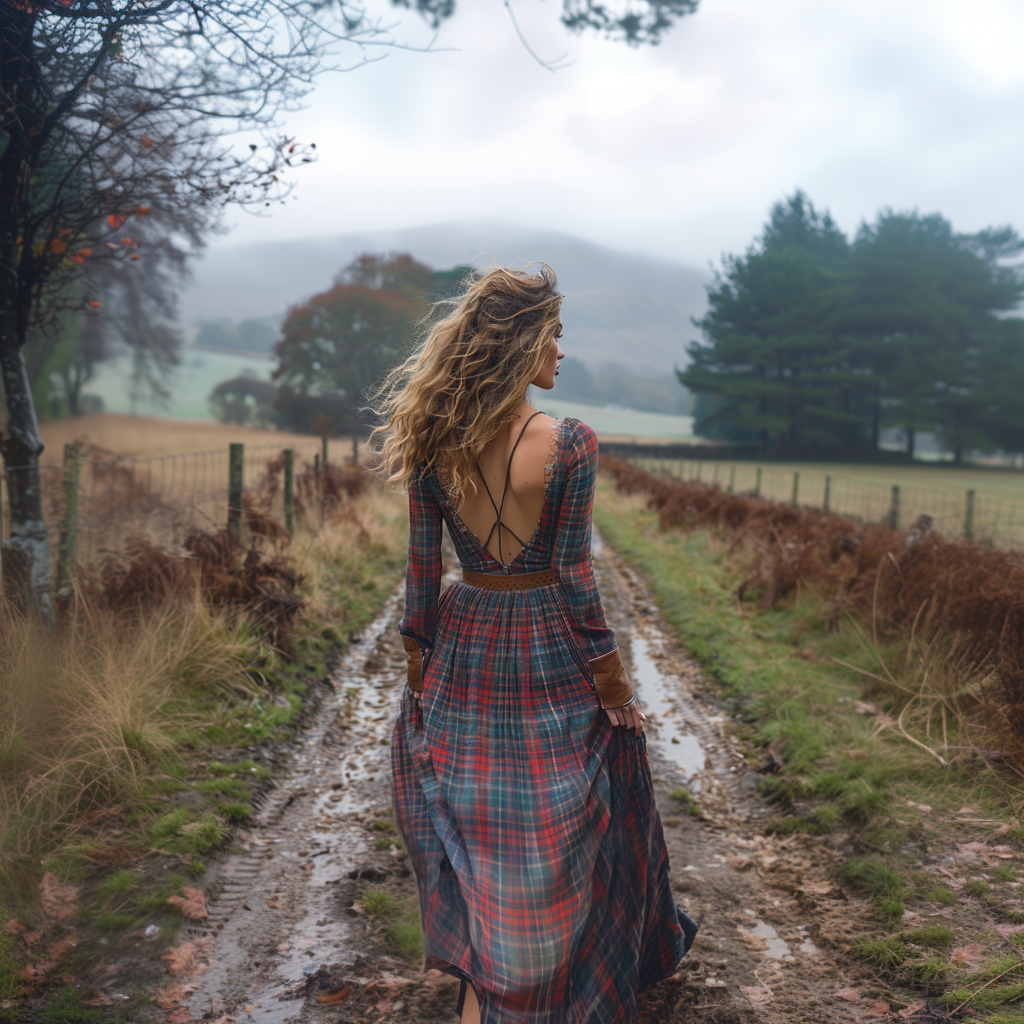 Women's Retro Pastoral Style Plaid Long-sleeve Sexy Maxi Long Dress