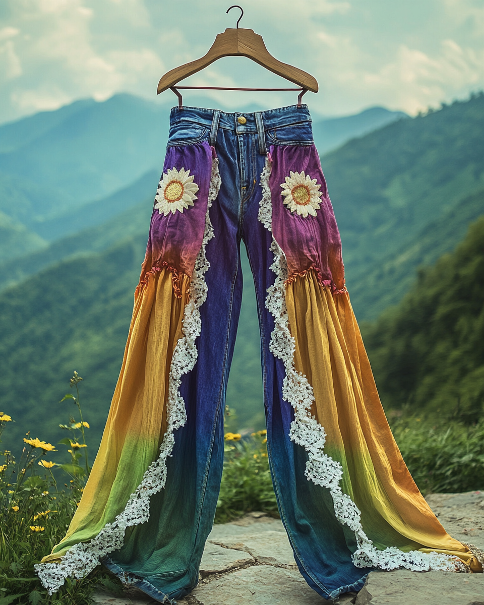 Summer ruffled denim cotton and linen patchwork contrast color pants 2170