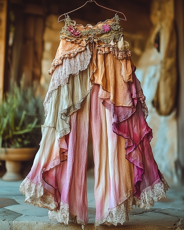 Summer Holiday Ruffle Color Gradient Splicing Linen Pants 5d80