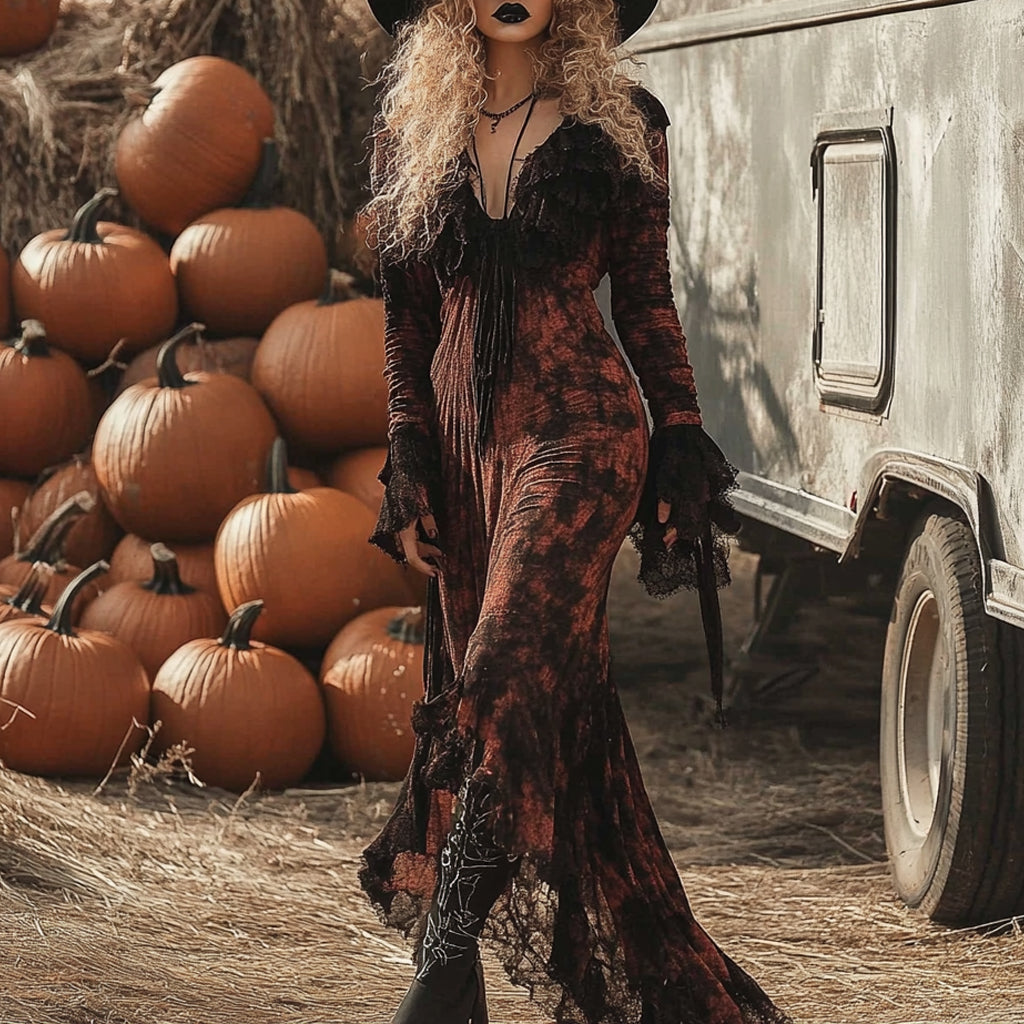 Women's Halloween Witch Style Tie-dye Long-sleeve Maxi Long Dress