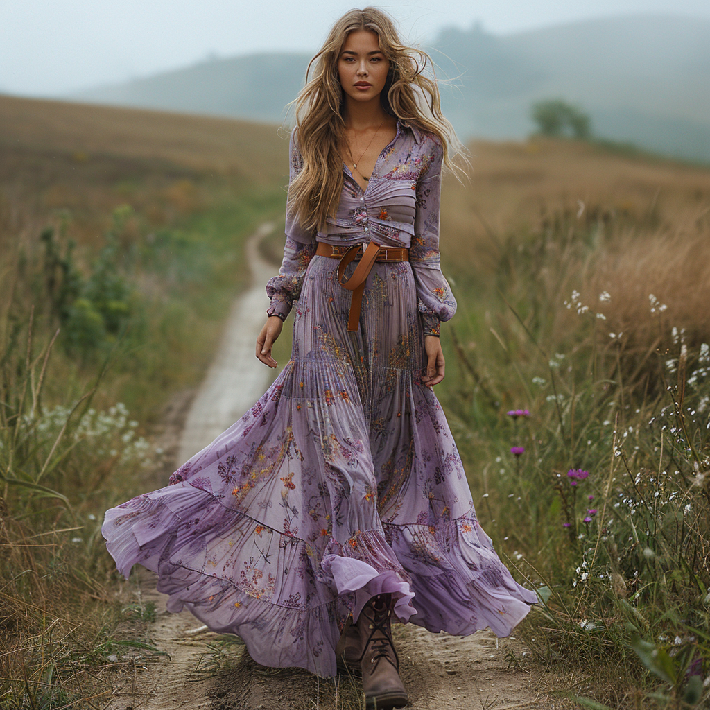 Women's Retro V-neck Floral Long-sleeve Bohemian Pastoral Style Maxi Long Dress