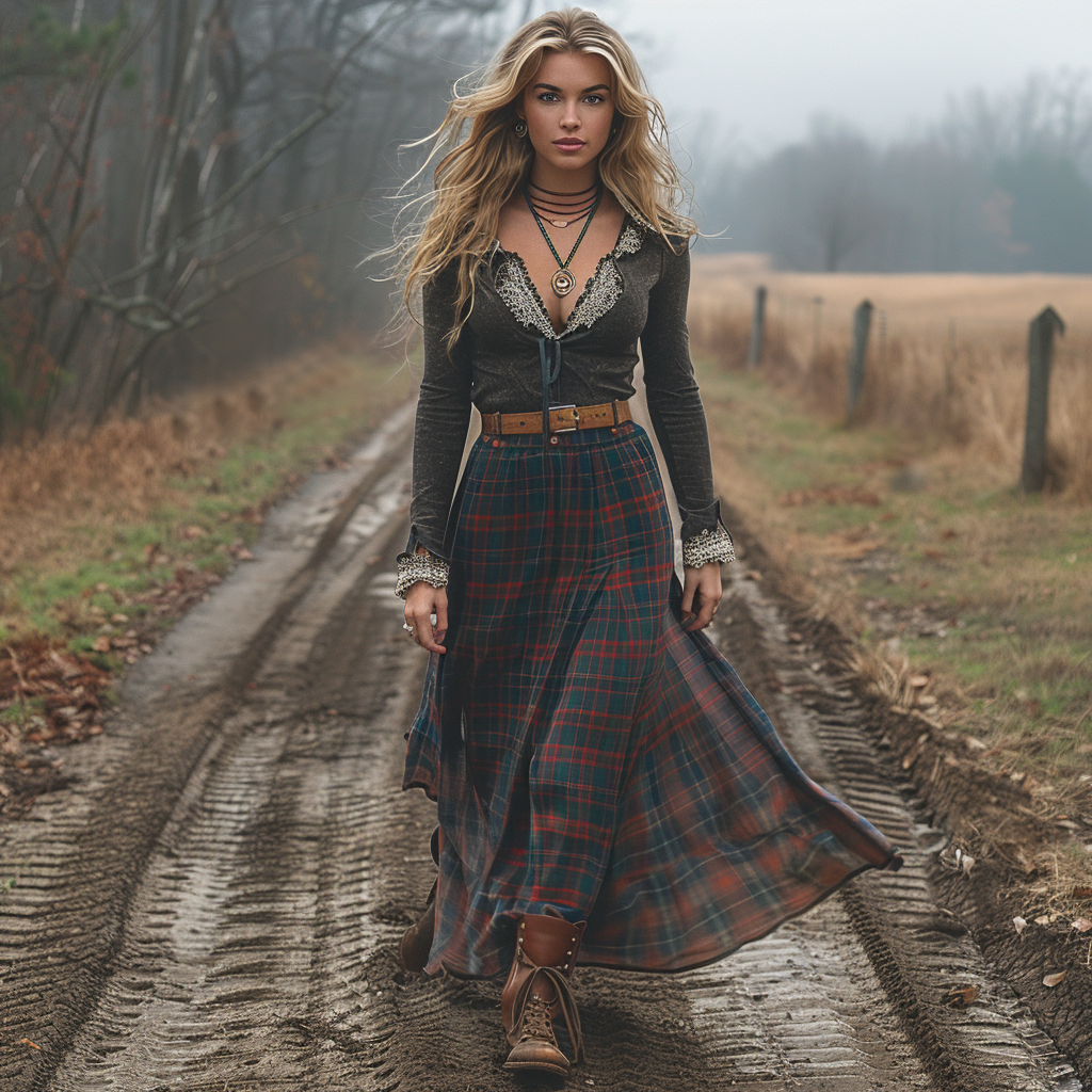 Women's Retro Plaid V-neck Long-sleeve Long Skirt Pastoral Style Maxi Long Dress