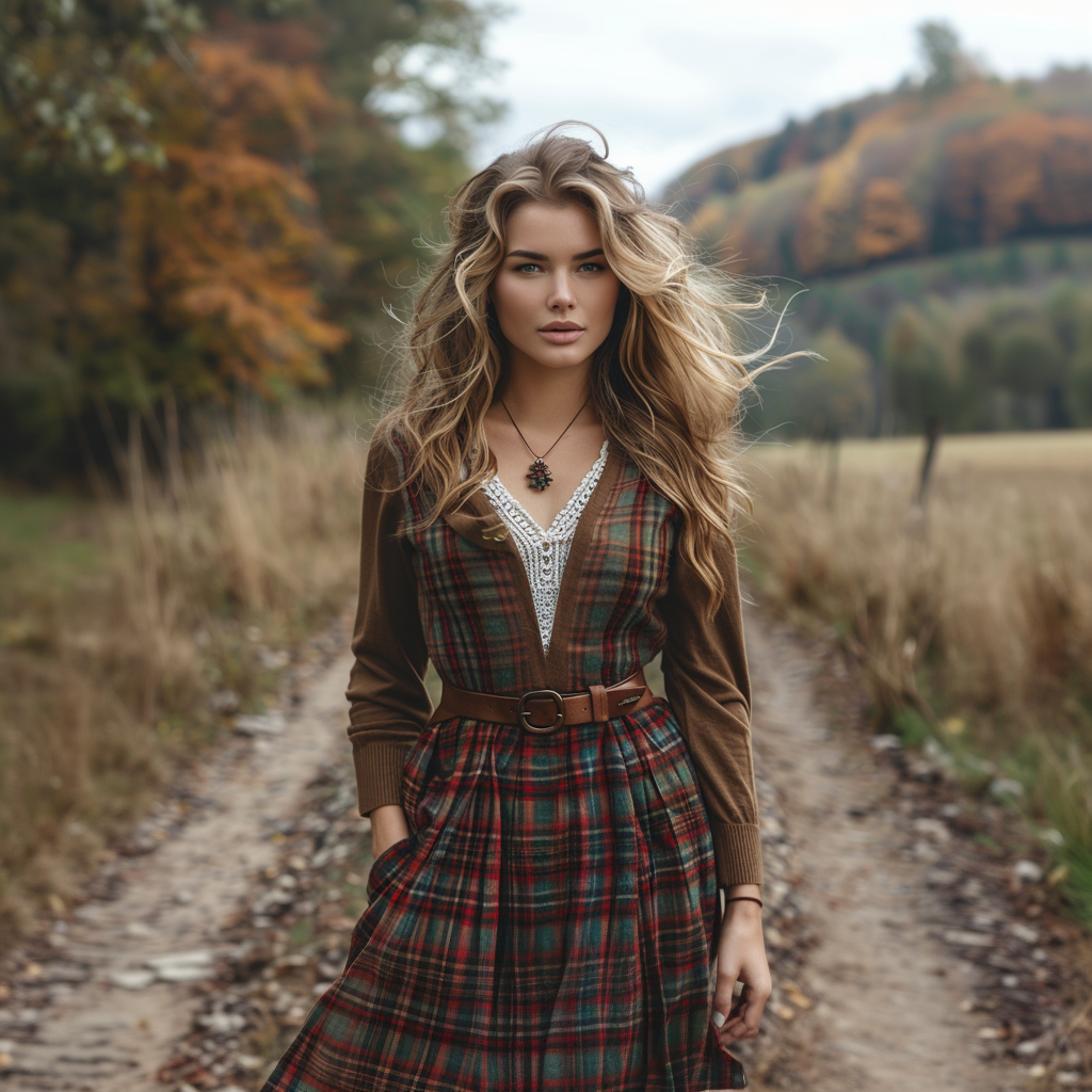 Women's Retro Plaid V-neck Long-sleeve Long Skirt Pastoral Style Maxi Long Dress