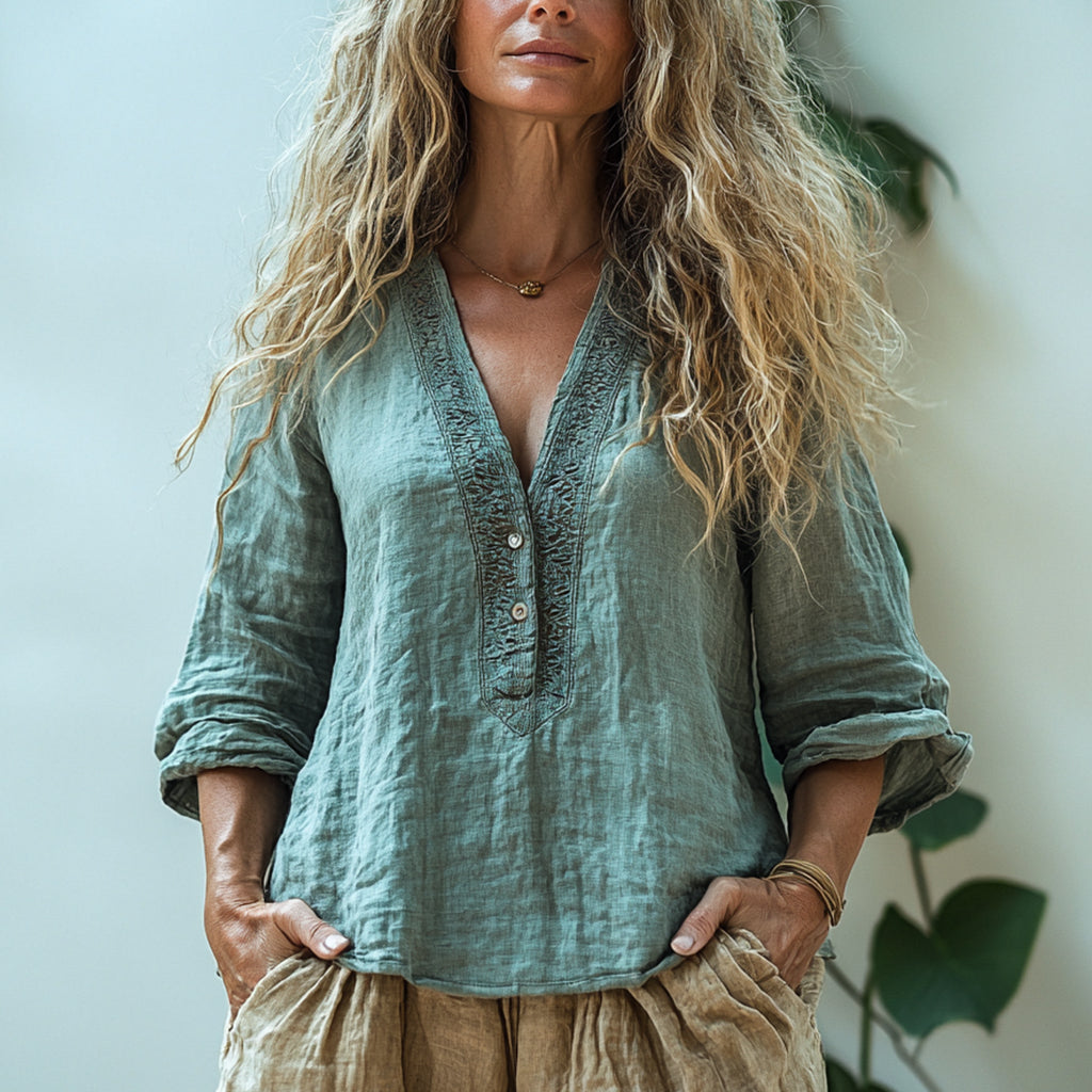 Women's Linen Bohemian Casual Simple Long-sleeve Top Shirt