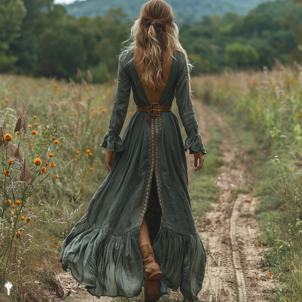 Women's Vintage V-neck Bohemian Pastoral Style Long-sleeve Maxi Long Dress