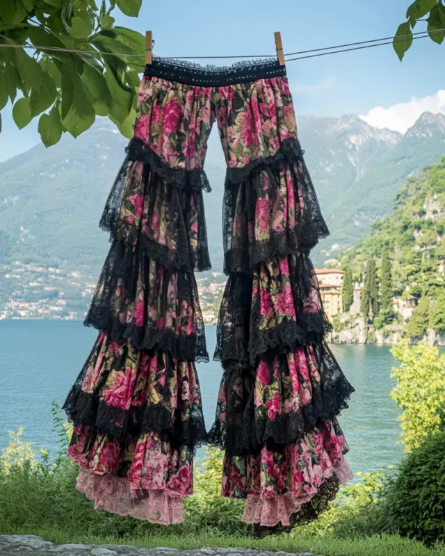 Summer ruffled cotton and linen patchwork contrast color pants dfba