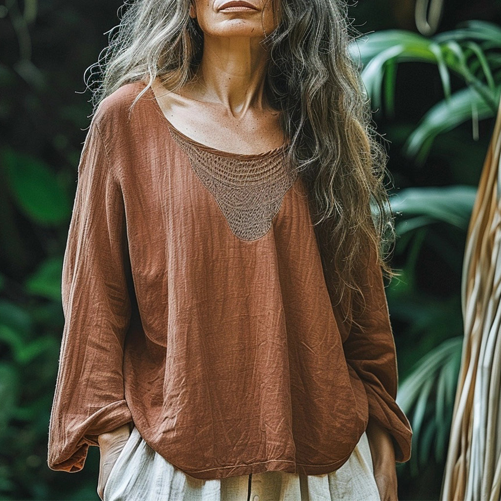 Women's Bohemian Linen Style Simple Long-sleeve Top Shirt