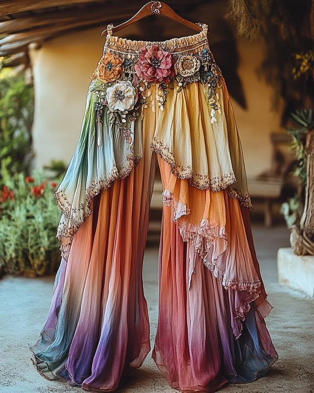 Summer Holiday Ruffle Color Gradient Splicing Linen Pants 7731