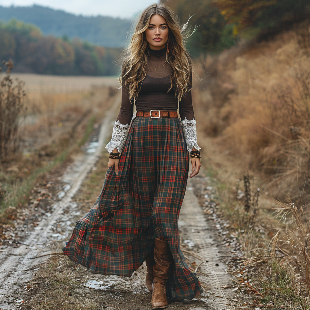 Women's Retro Plaid High Collar Long Sleeve Long Skirt Pastoral Style Maxi Long Dress