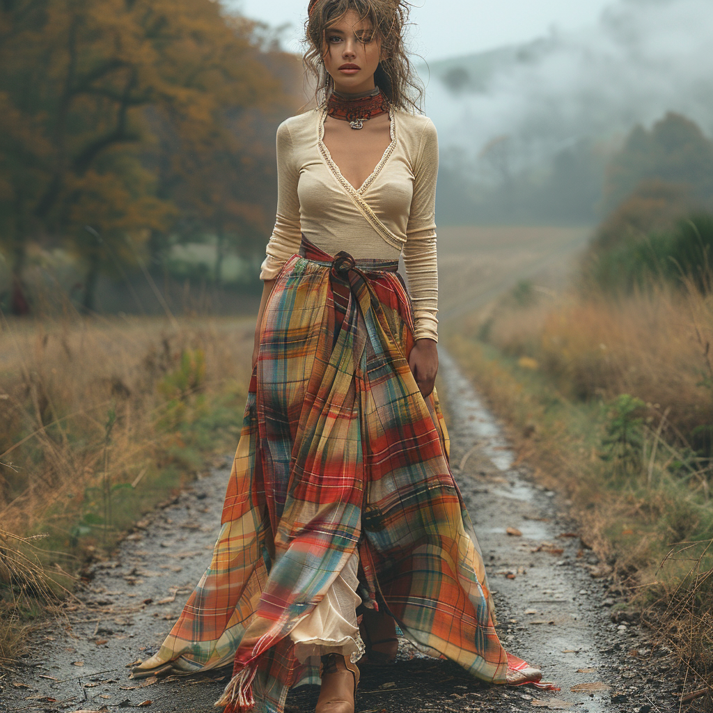 Women's Retro Plaid V-neck Long-sleeve Long Skirt Pastoral Style Maxi Long Dress