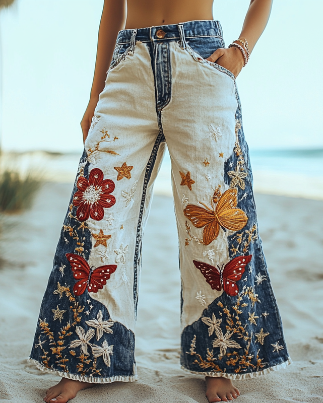 Summer Vacation Lace Handmade Floral Embroidery Pants ed7b