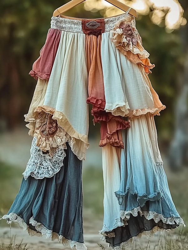 Summer rainbow lace hand-embroidered patchwork pants 94ed