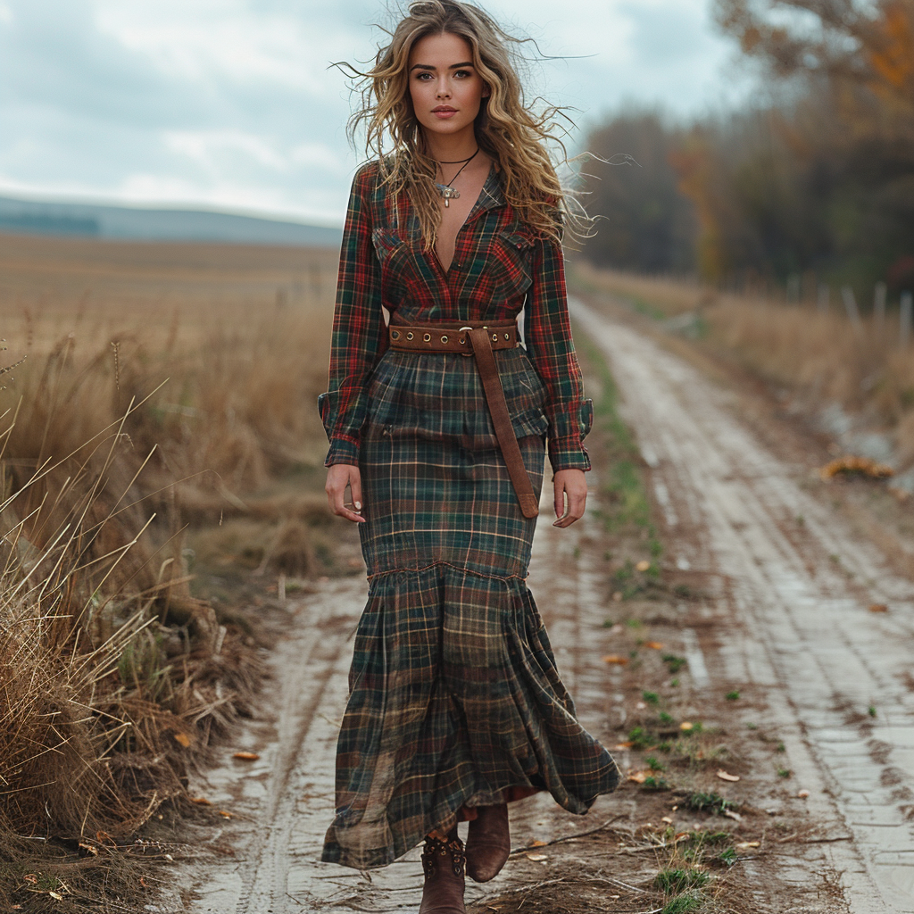 Women's Retro V-neck Plaid Long-sleeve Bohemian Pastoral Style Maxi Long Dress