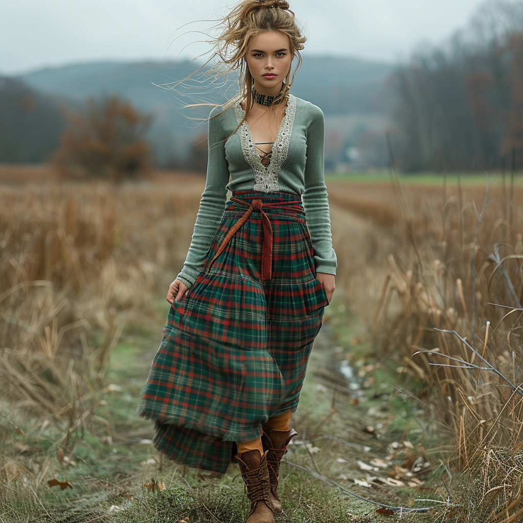 Women's Retro Plaid V-neck Long-sleeve Long Skirt Pastoral Style Maxi Long Dress