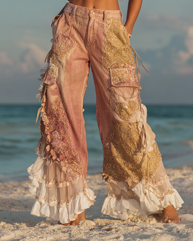 Summer Vacation Gradient Floral Embroidery Lace Ruffle Pants 2437